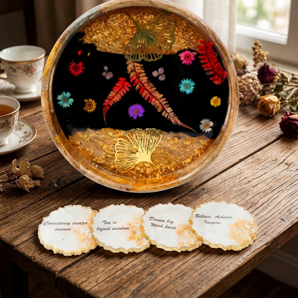 Handmade Wooden Decor Tray with Resin Artwork & 4 Coasters | Round Floral & Butterfly Design