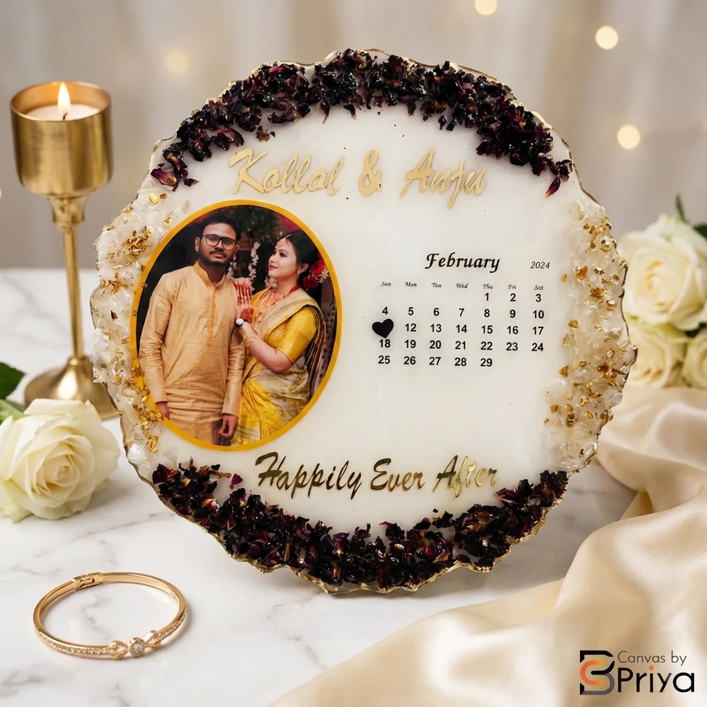 Resin Photo Frame for Home Decor | Personalized Gift with Custom Photo & Month Calendar Highlighting Your Special Date |Unique Gift for Couples, Family & Friends | With Stand | Available in Various Sizes
