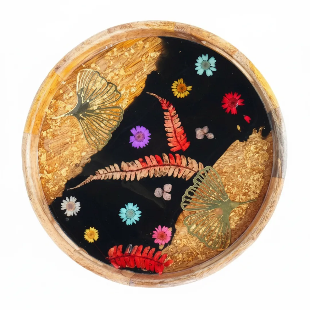 Wooden Decor Tray with Resin Artwork | Handmade Round Tray with Black, Floral & Butterfly Design | Decorative Table Tray for Home, Dining & Gifting | 12-Inch
