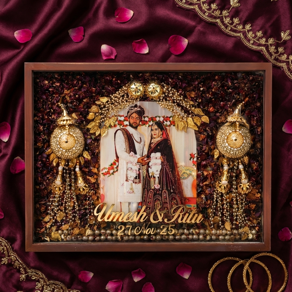 Personalized Wedding Memory Preservation Frame with Jhumka Design | Custom Resin Wedding Photo Frame with Names & Date