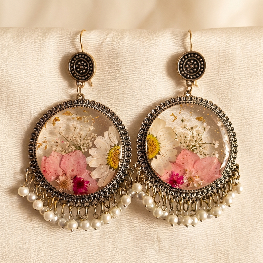 Handcrafted Resin Floral Round Dangler Earrings with Pearls – Real Dried Flowers Jewelry