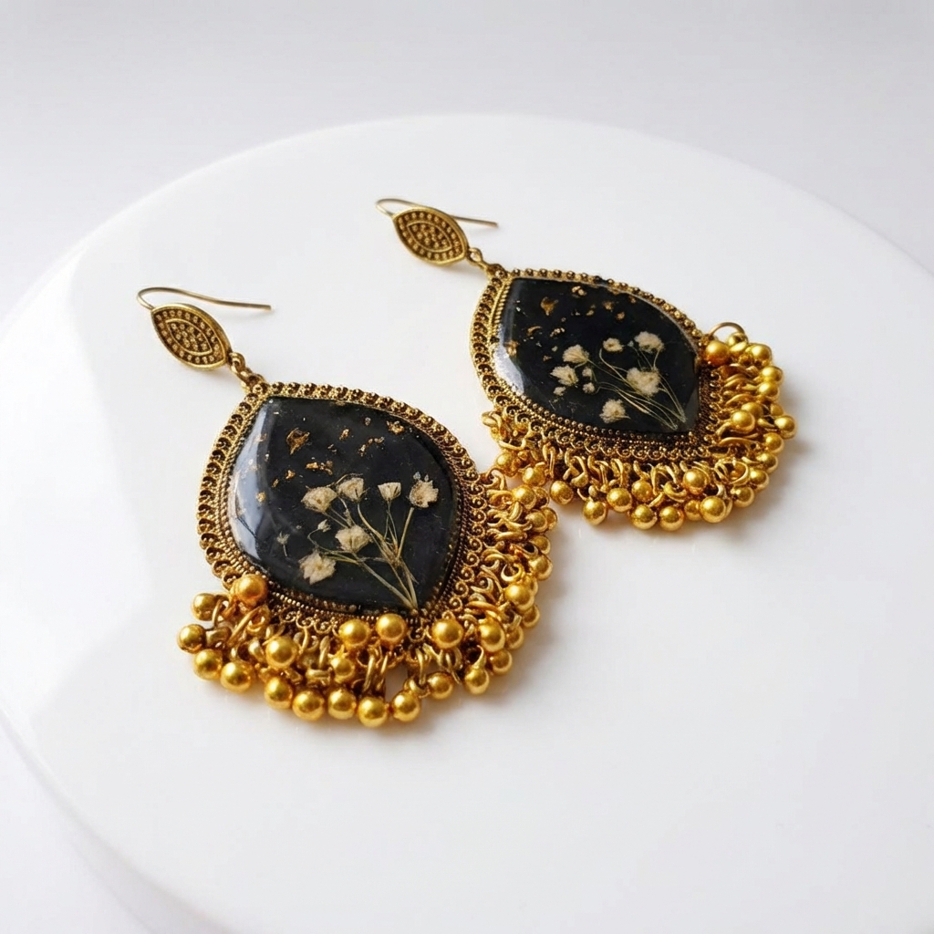 Handmade Dried Flower Resin Earrings with Gold Bead Fringe | Floral Teardrop Statement Earrings for Women