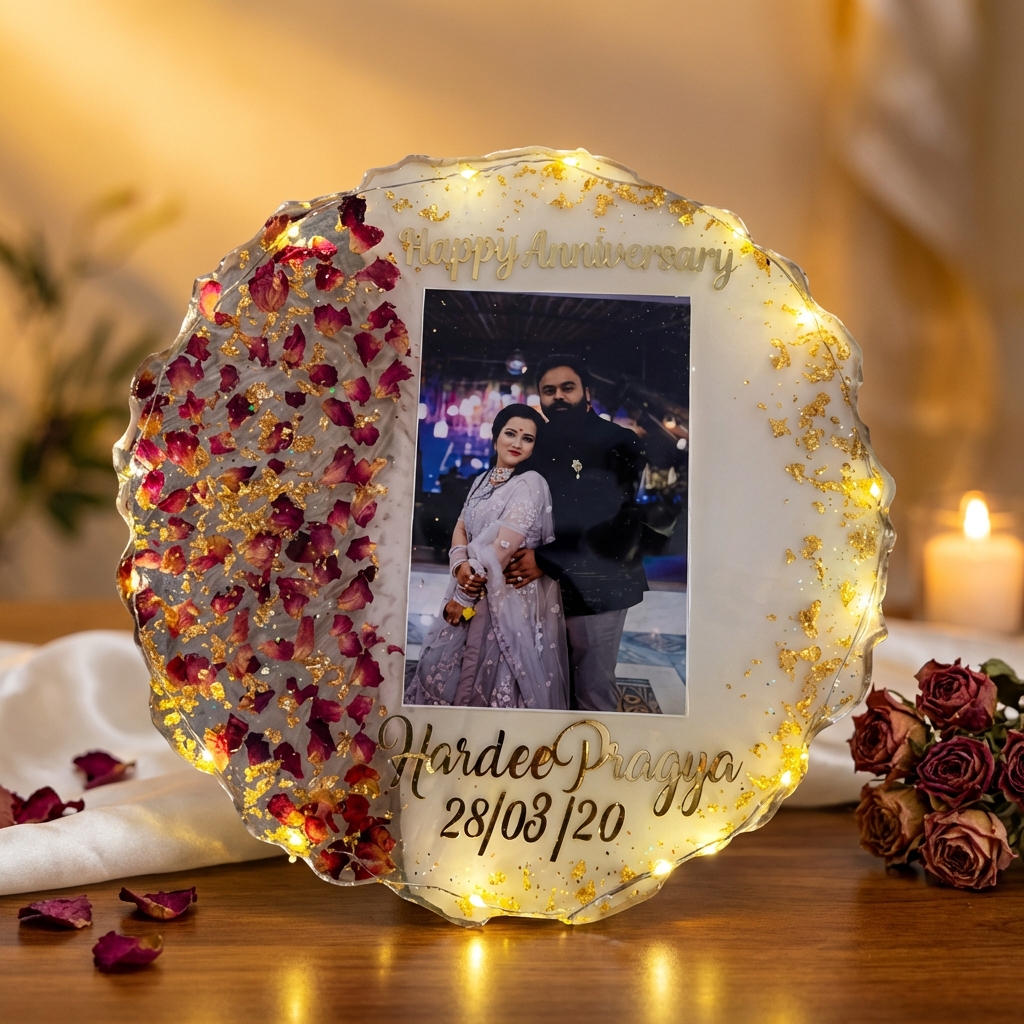 Customized LED Anniversary Photo Frame with Resin Art & Dried Roses