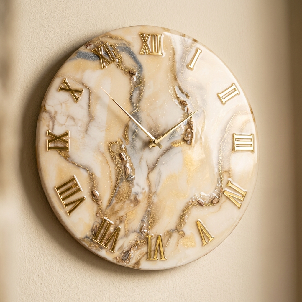 Handcrafted Luxury Marble Roman Wall Clock – Cream & Gold Elegant Design