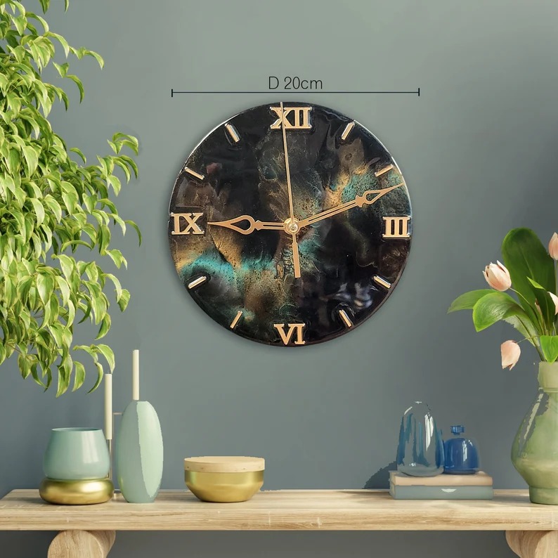 Handcrafted Resin Wall Clock – Black & Gold Marble Design with Roman Numerals | Luxury Home Decor & Premium Gift