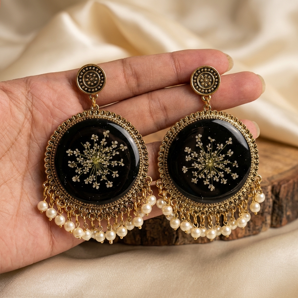 Handmade Black & Gold Real Flower Resin Statement Earrings with Pearl Danglers – Luxury Ethnic Floral Jewelry for Weddings & Special Occasions