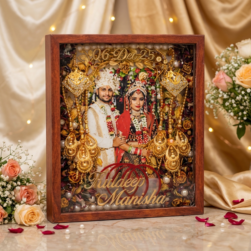 Personalized Wedding Memory Preservation Resin Frame | Custom Jhumka Wedding Photo Frame with Names & Date