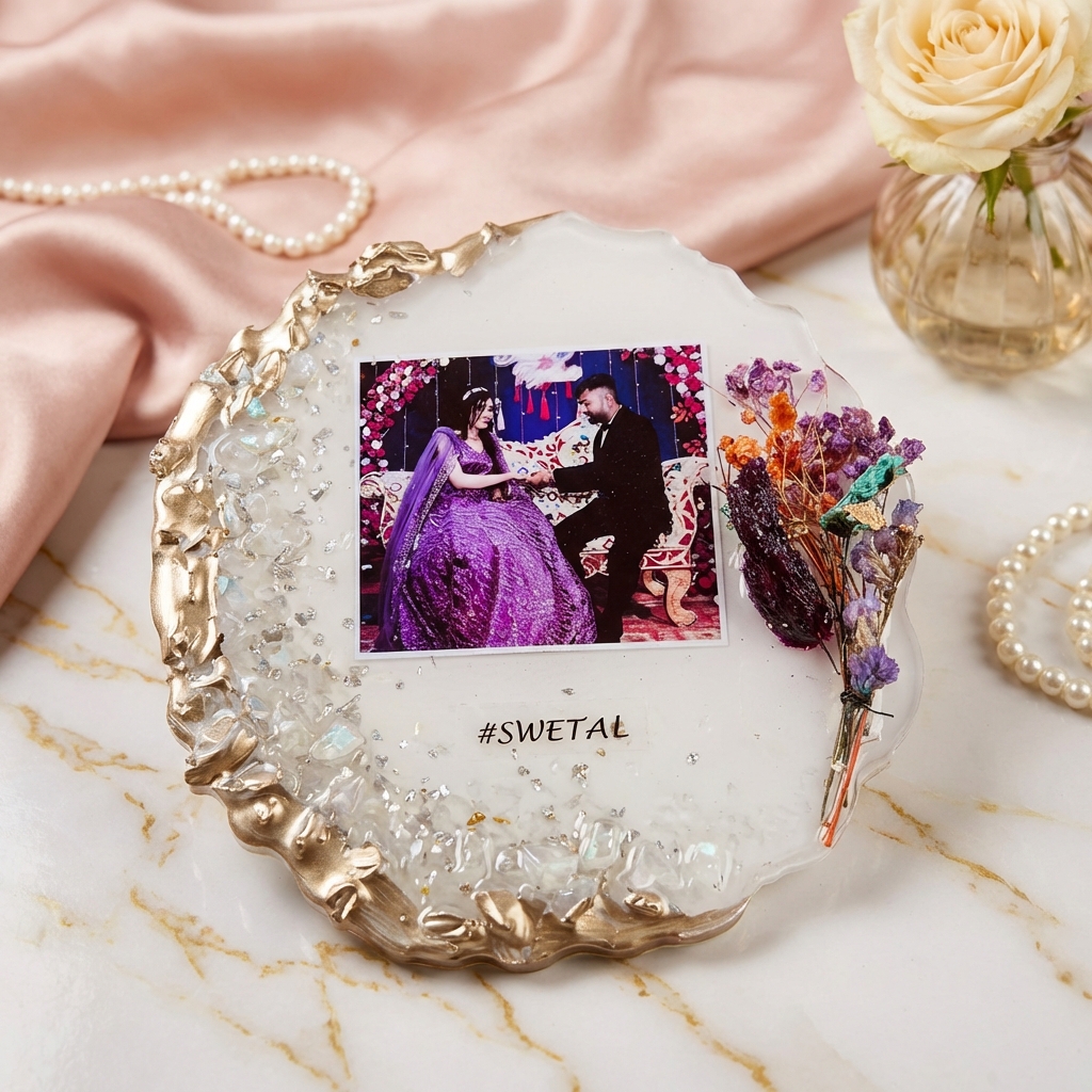Customized Resin Photo Frame with Dried Flowers & Golden Border