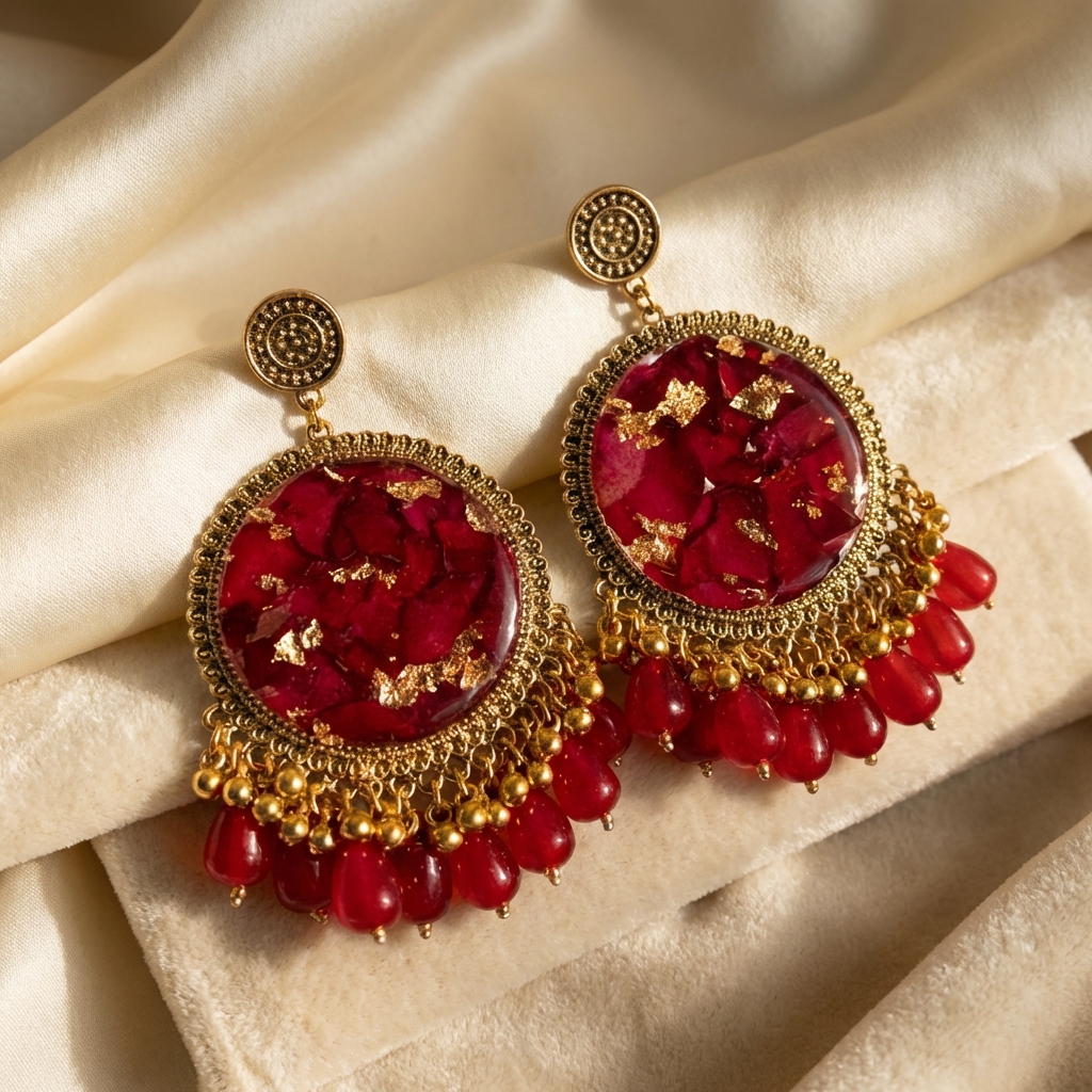 Handcrafted Resin Floral Round Dangler Earrings with Red Petals & Gold Beads – Festive Statement Jewelry