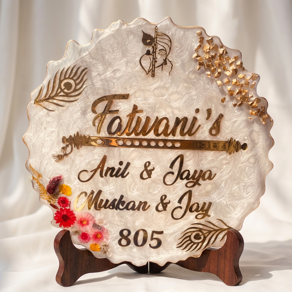 Personalized Resin Name Plate for Home & Gifting | Family Name Plate with Spiritual Krishna Theme