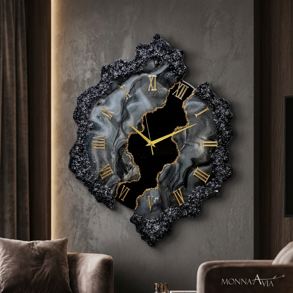 Handcrafted Resin Wall Clock – Geode / Agate-Inspired Design with Gold Roman Numerals | Luxury Home Decor & Statement Art