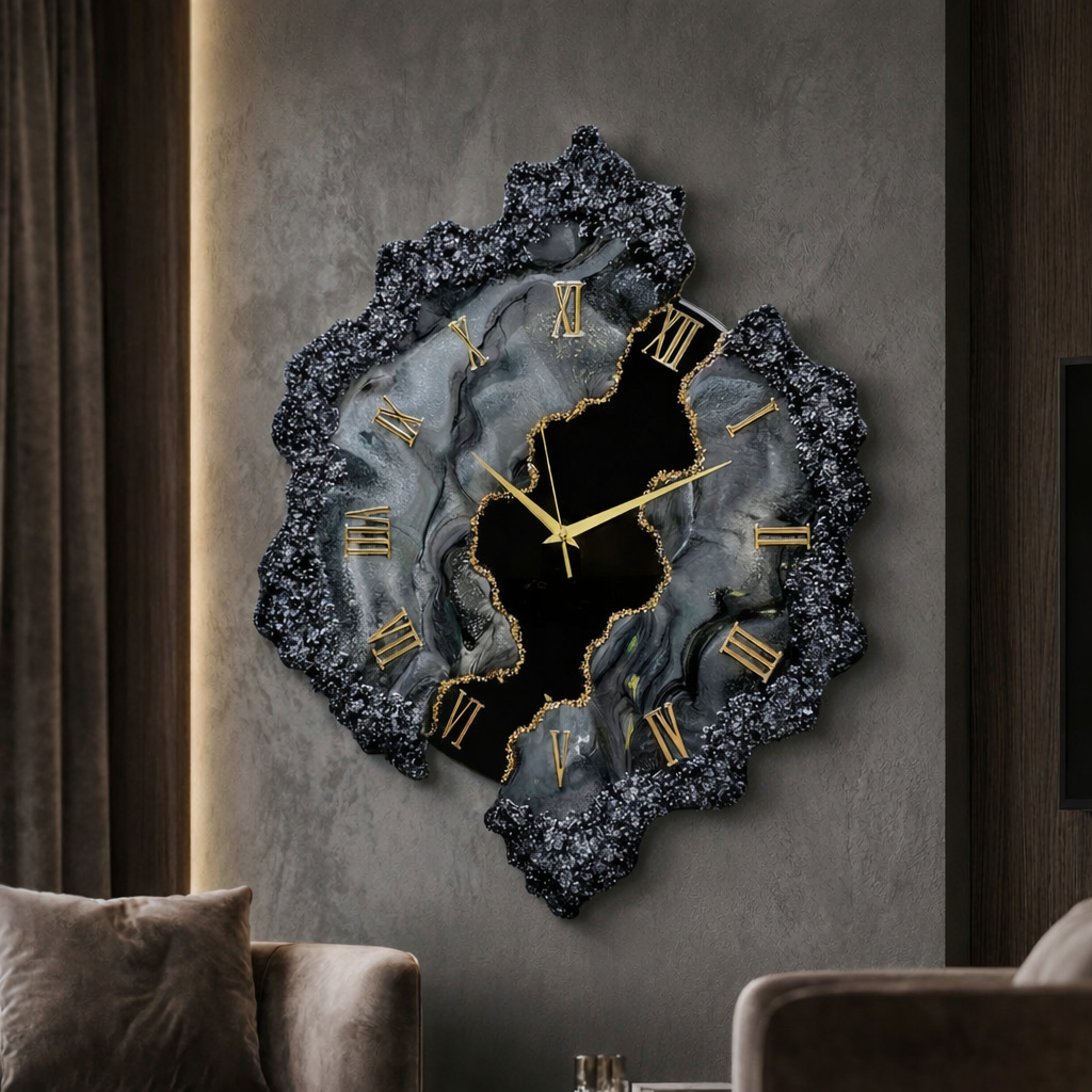 Handcrafted geode resin wall clock with black and grey marble effect, gold Roman numerals, and gold clock hands, mounted on a modern textured wall in a luxury living room setting.
