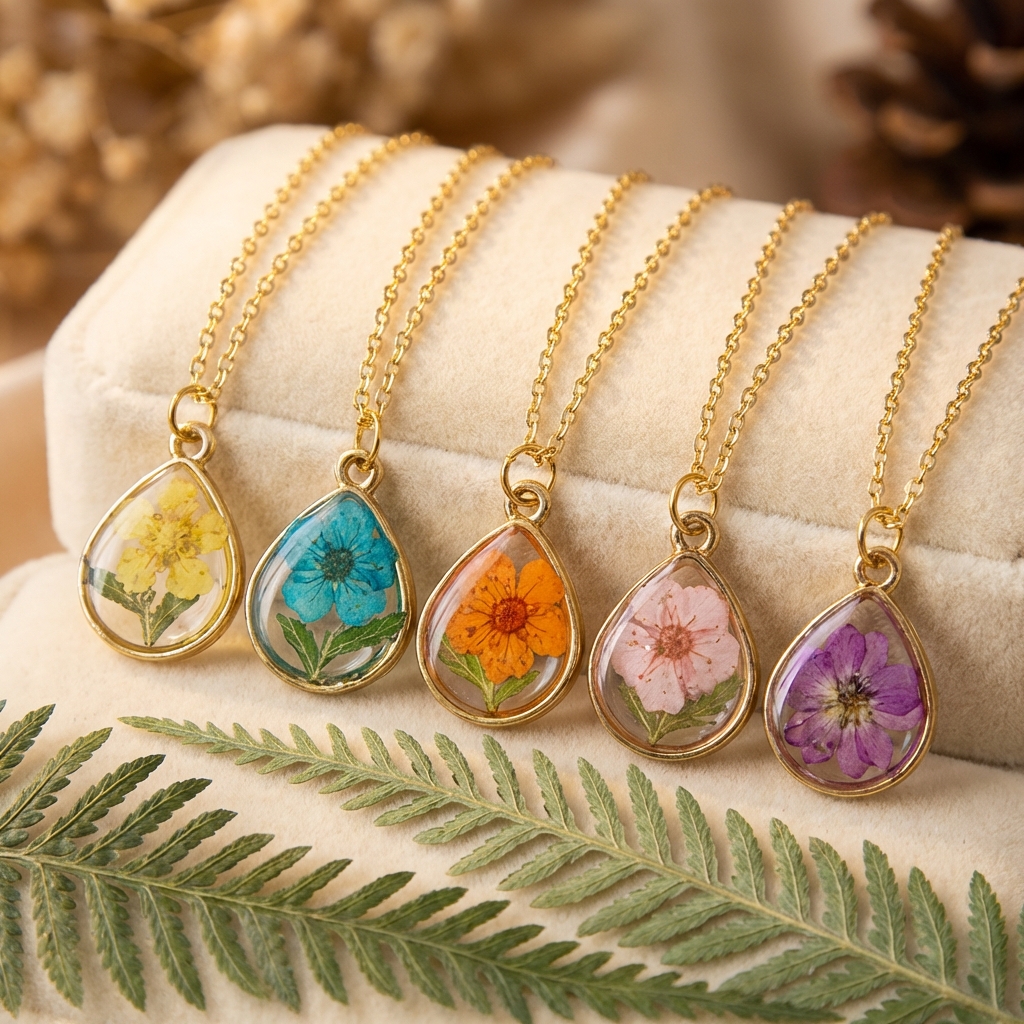 Handcrafted Resin Floral Teardrop Pendant Necklace – Multicolor Real Dried Flowers Jewelry