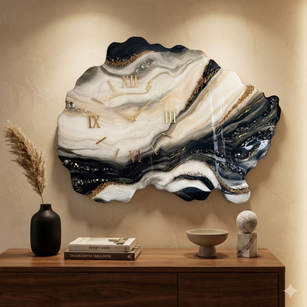 Luxury geode resin wall clock in black white marble design with gold accents and Roman numerals