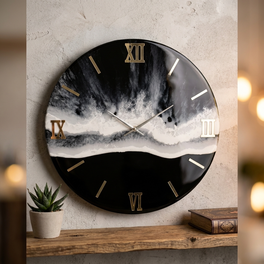 Handcrafted Resin Wall Clock – Modern Abstract Marble Design with Gold Roman Numerals | Luxury Home Decor & Premium Gift