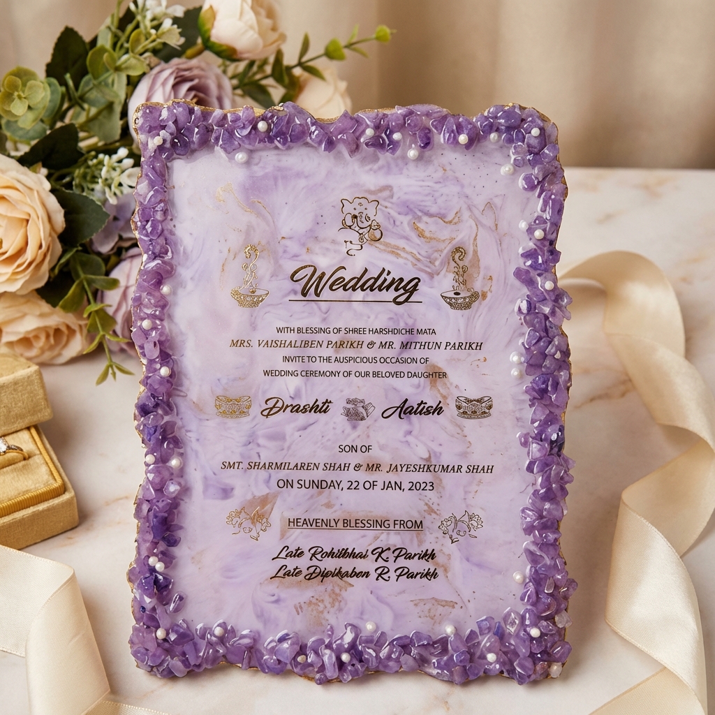 Purple Resin Wedding Card Preservation Frame | Luxury Wedding Invitation Keepsake