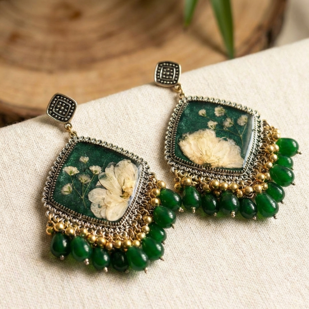Handcrafted Resin Floral Square Dangler Earrings with Green Beads – Real Dried Flower Jewelry