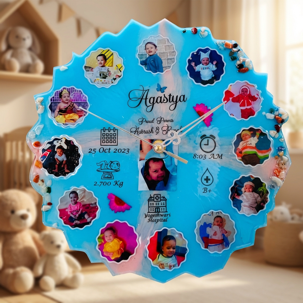 Customized Baby Memory Resin Wall Clock with Photos – Personalized Newborn Keepsake