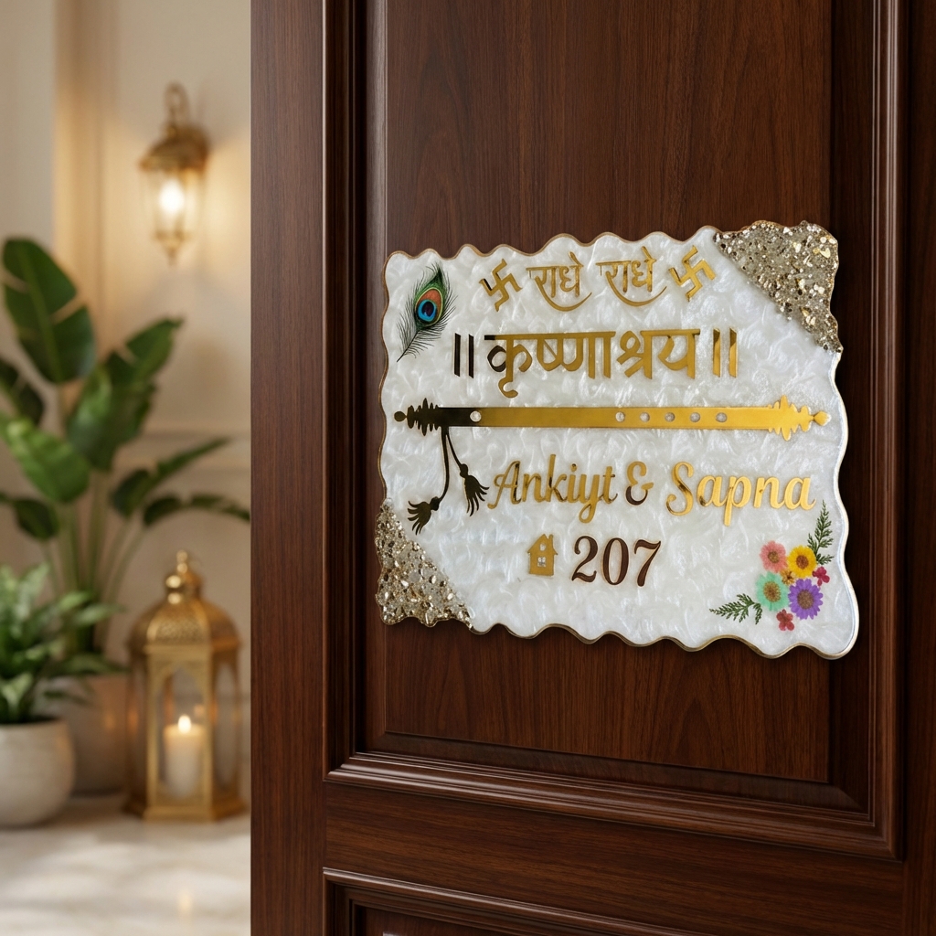 Customized Krishna Resin Name Plate with flute design and marble finish