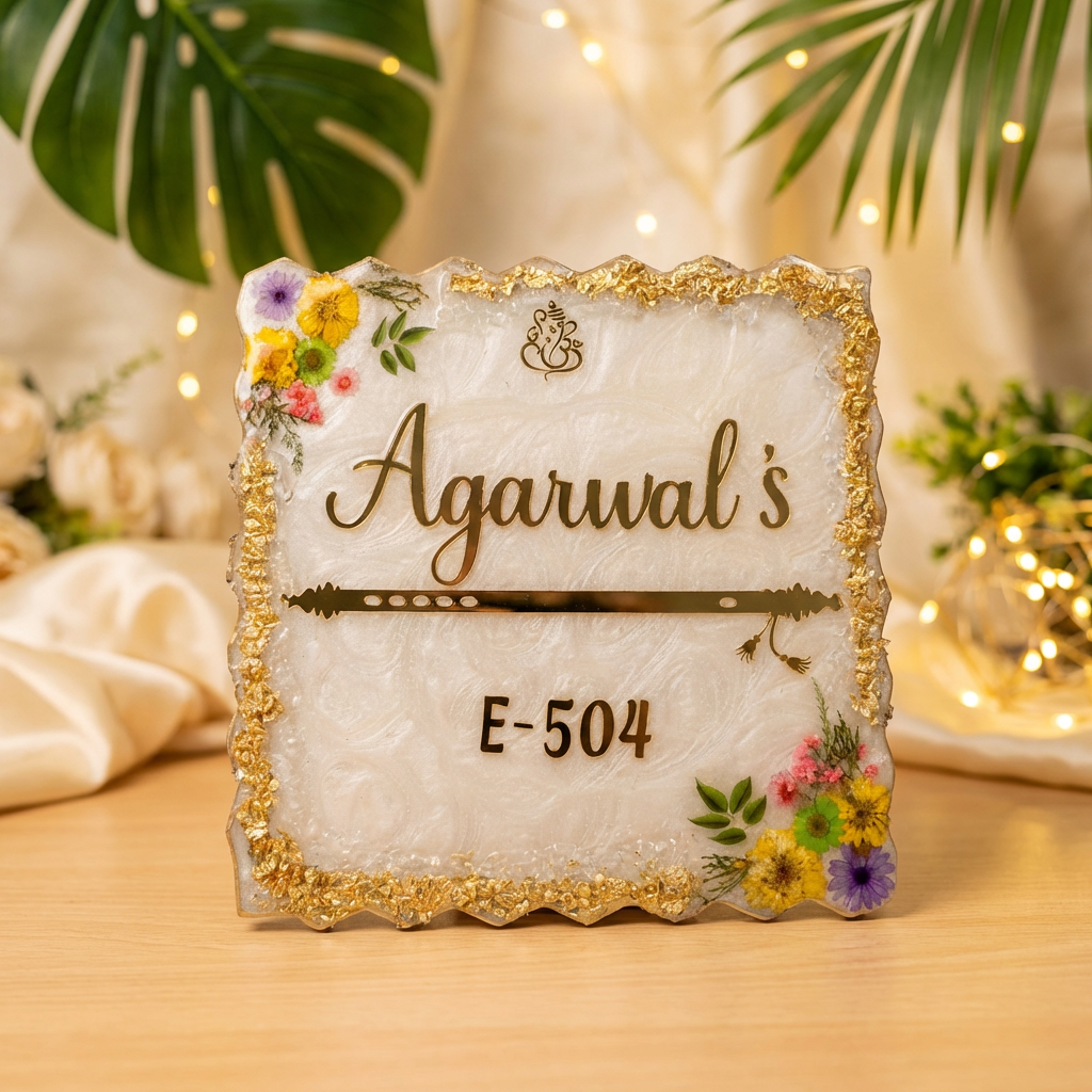Customized Resin Name Plate with gold border marble finish and floral design