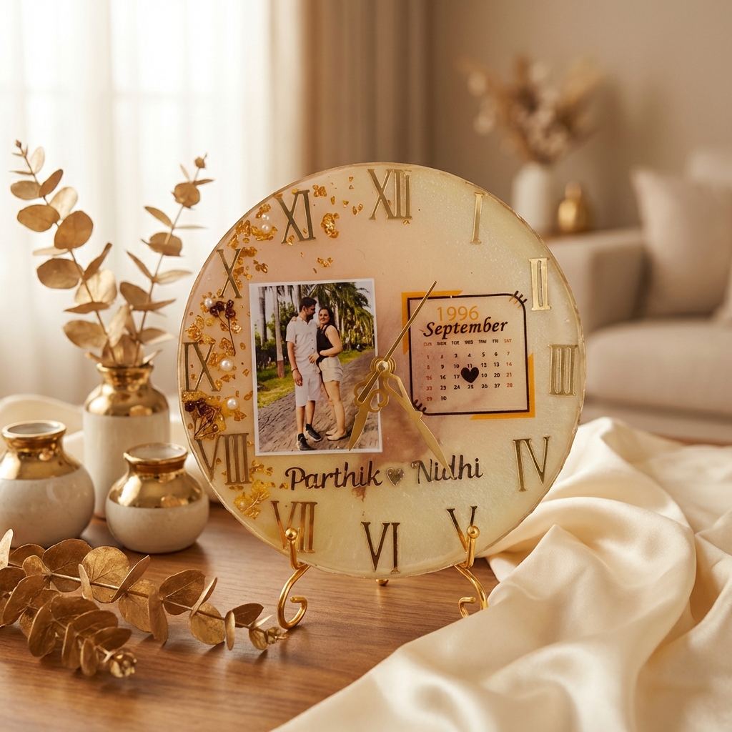 Personalized Resin Photo Clock with Roman Numbers and Golden Crystal Finish