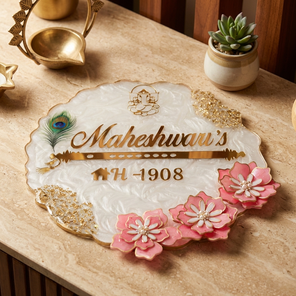 Ganesh Resin Name Plate with peacock feather and pink floral marble finish design