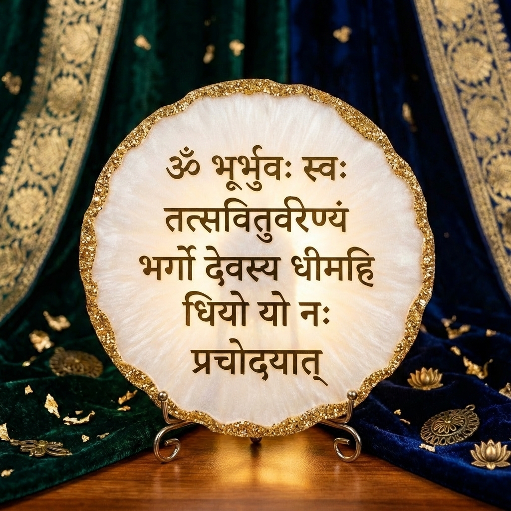 Gayatri Mantra Handmade Resin Frame with gold foil design for spiritual home decor