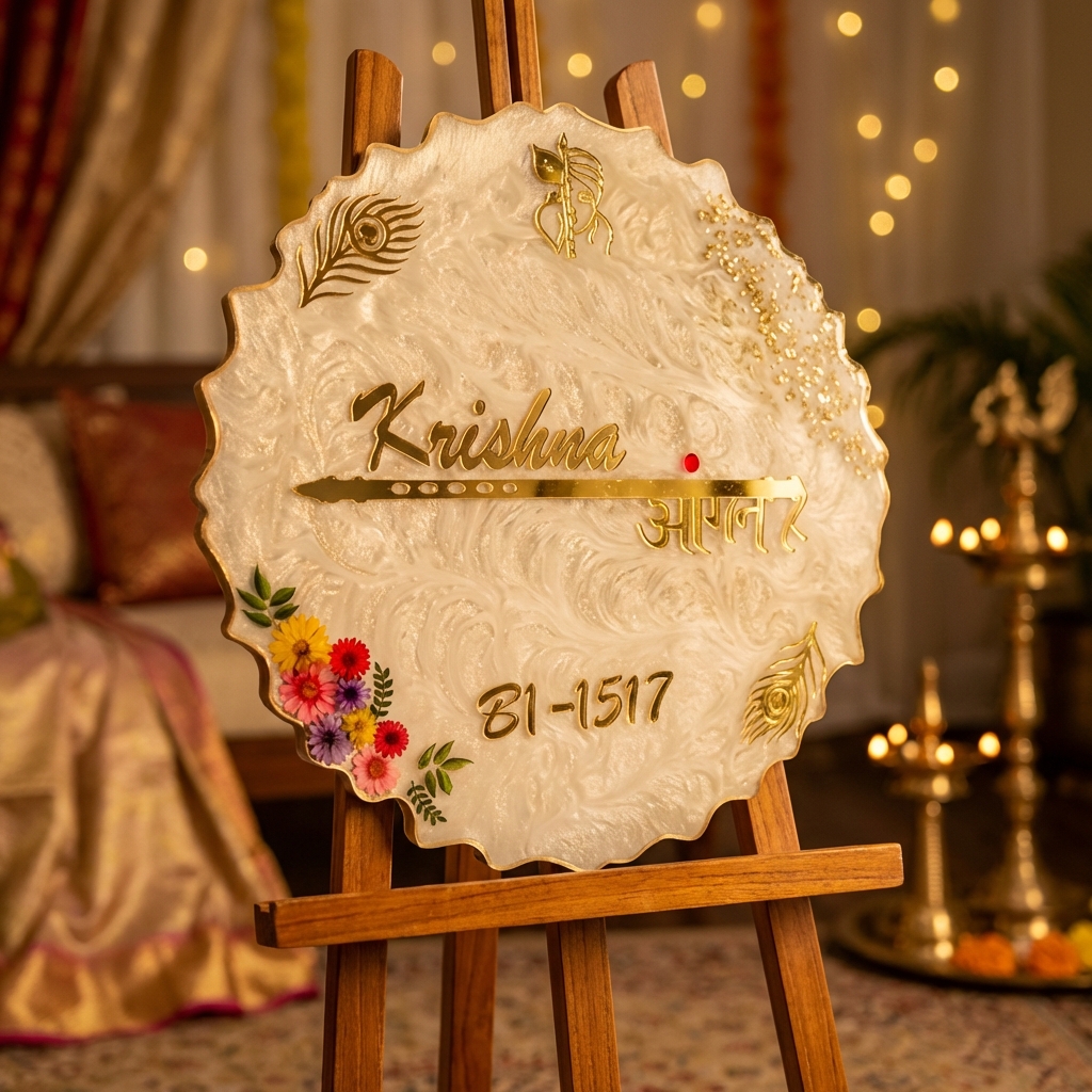 Krishna Name Plate with 3D gold flute design and marble texture finish for home entrance