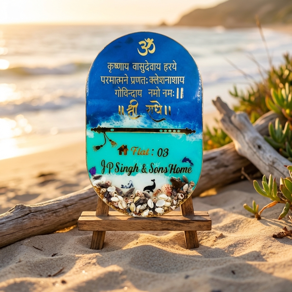 Krishna Mantra Name Plate with Sanskrit shloka and 3D ocean shell design for home entrance