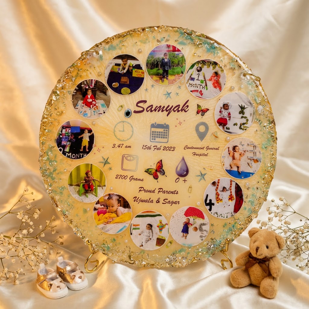 Personalized Baby Milestone Resin Frame – First Year Memory Photo Keepsake with Birth Details