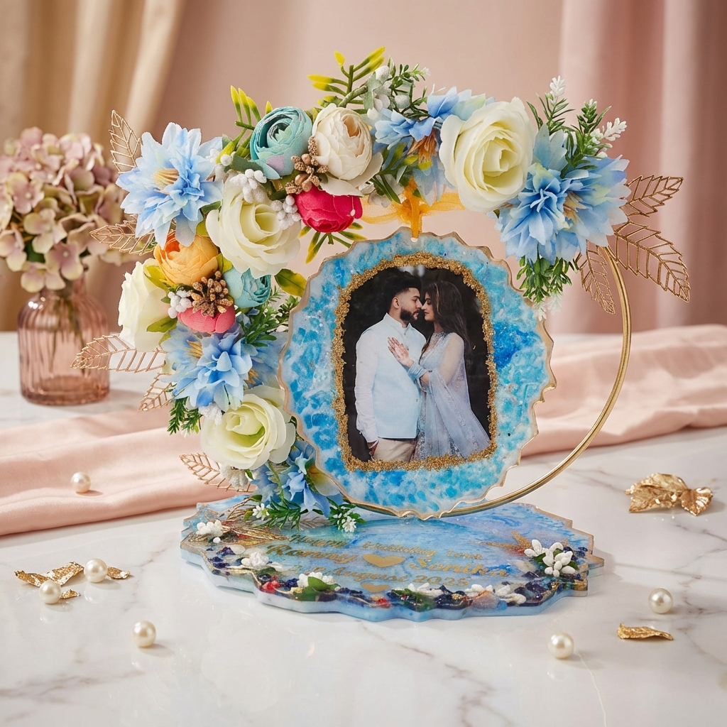 Personalized Floral Resin Photo Frame Stand | Wedding Keepsake Frame with Names & Date | Luxury Couple Memory Gift