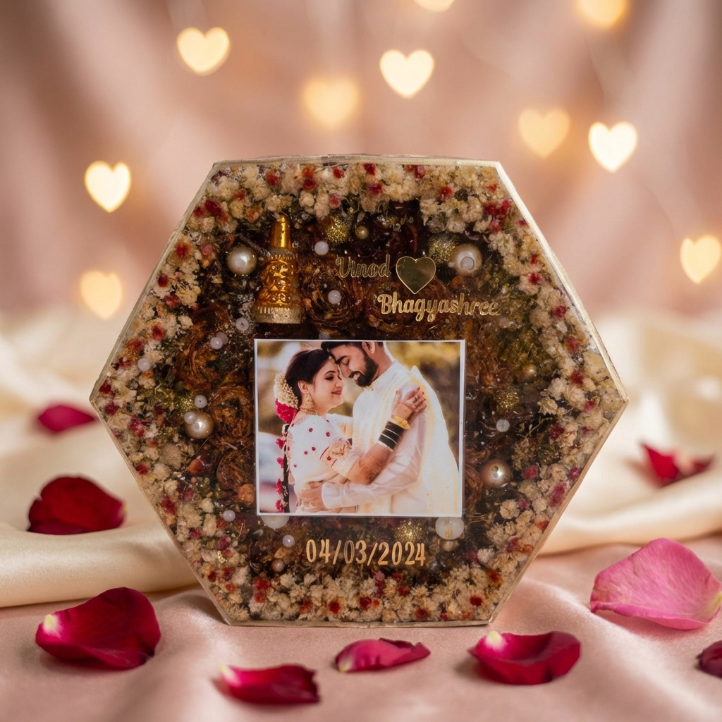 Personalized Hexagon Resin Wedding Photo Frame with Floral Texture & Gold Detailing