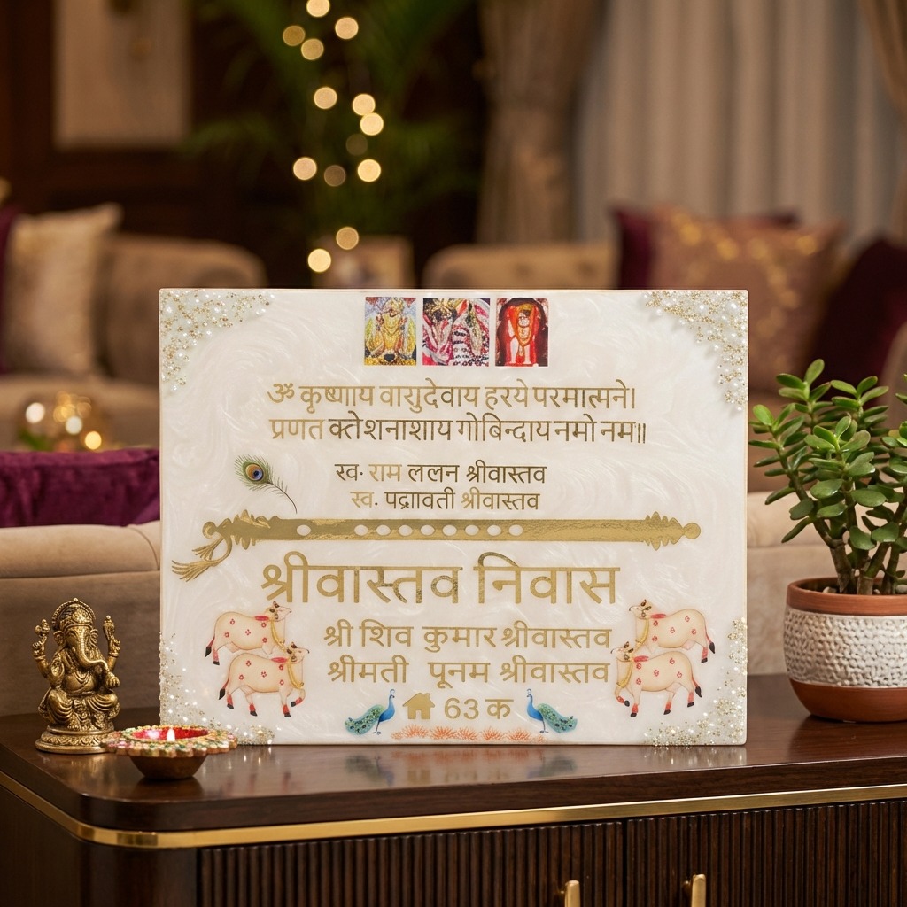 Personalized marble name plate with Hindu religious design and gold foil text for home entrance