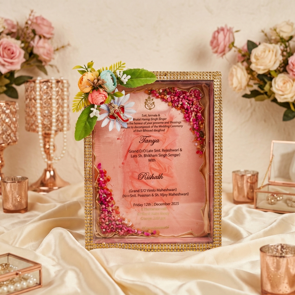 Pink Resin Wedding Invitation Plaque with Box decorative crystal frame
