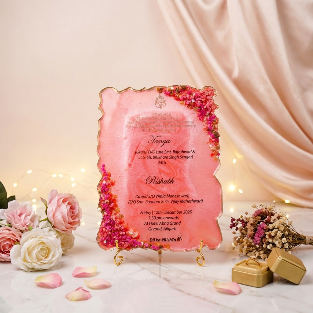 Pink Resin Wedding Invitation Plaque with floral edges and gold stand