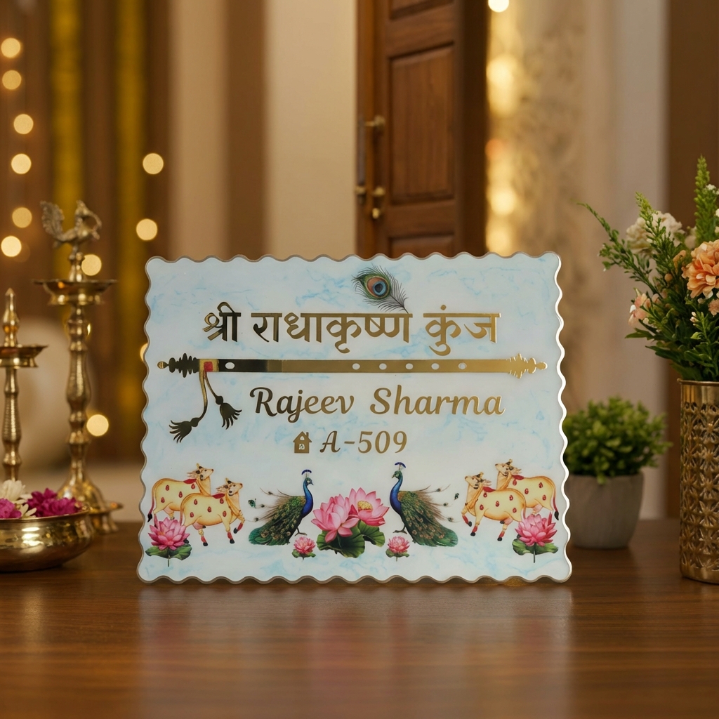 Radha Krishna Name Plate with gold lettering, peacock design and lotus artwork for home entrance