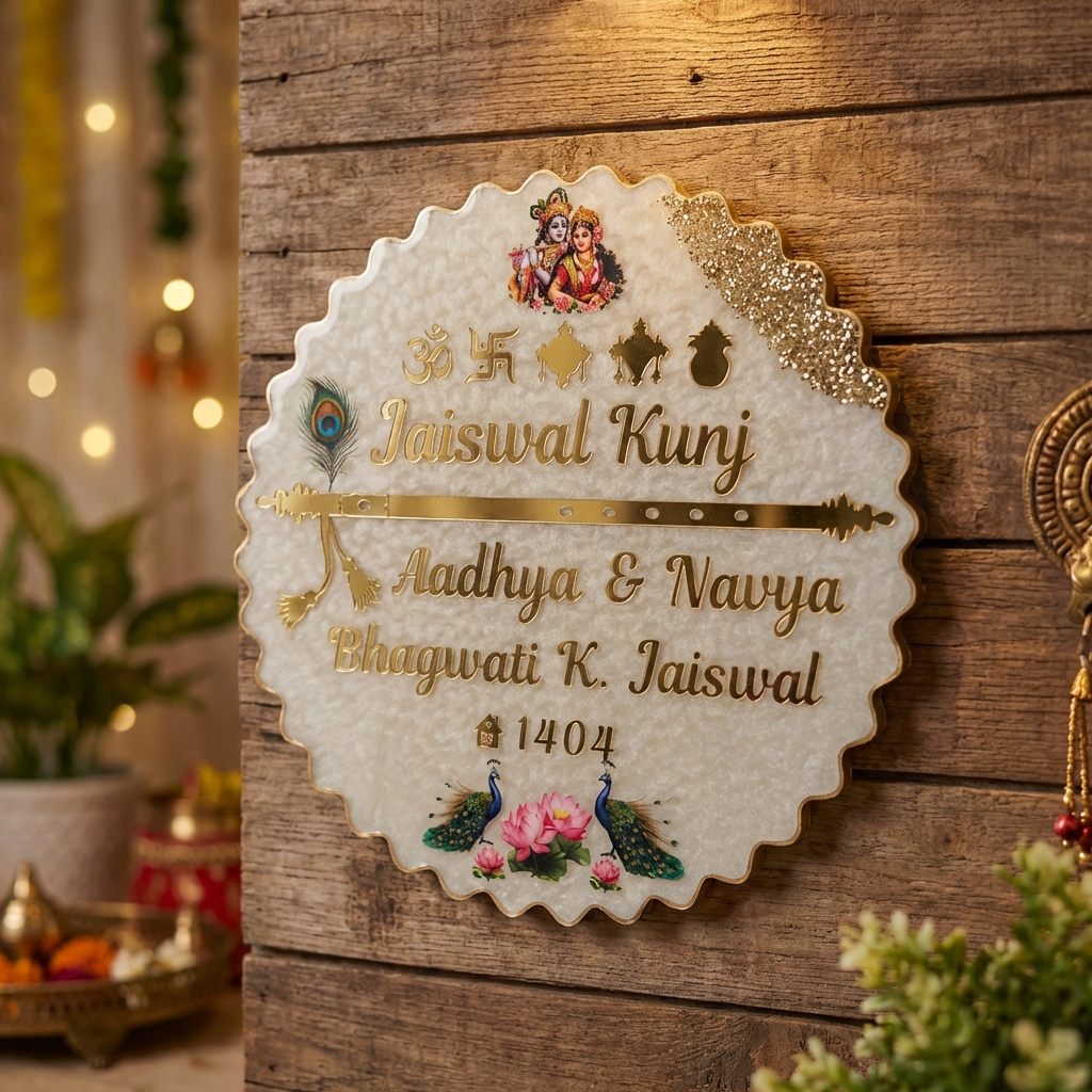 Radha Krishna Resin Name Plate with flute and peacock design marble finish