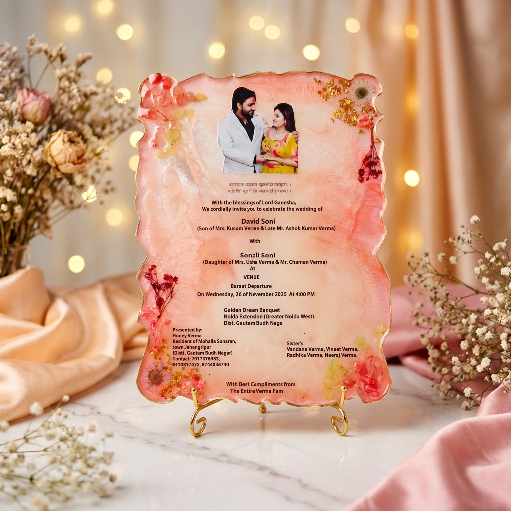 Customized resin wedding invitation plaque with couple photo and floral design