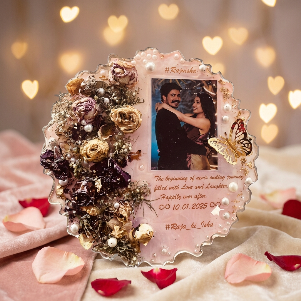 Valentine Special Personalized Resin Photo Frame with Dried Roses, Pearls & Butterfly – Luxury Couple Keepsake
