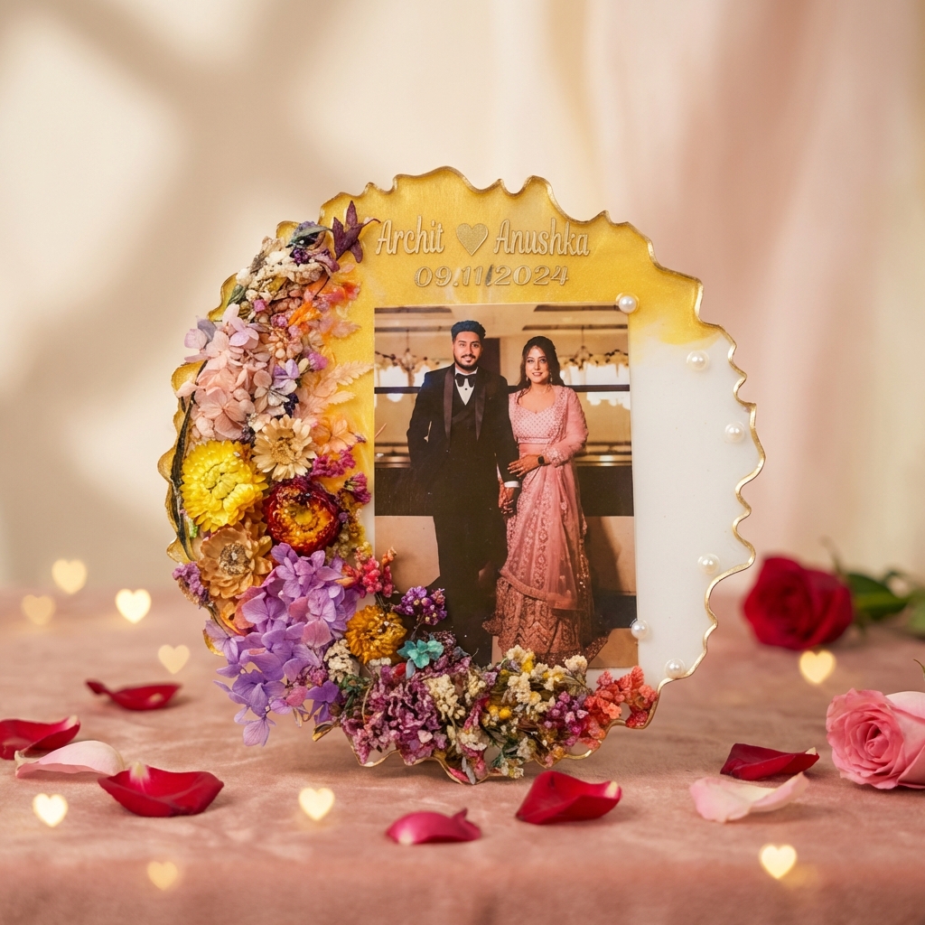 Valentine Special Personalized Resin Photo Frame with Floral Border & Names – Premium Couple Keepsake