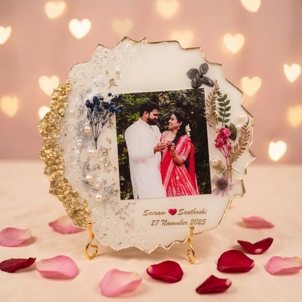 Valentine Special Personalized Resin Photo Frame with Floral & Pearl Design – Premium Couple Memory Frame