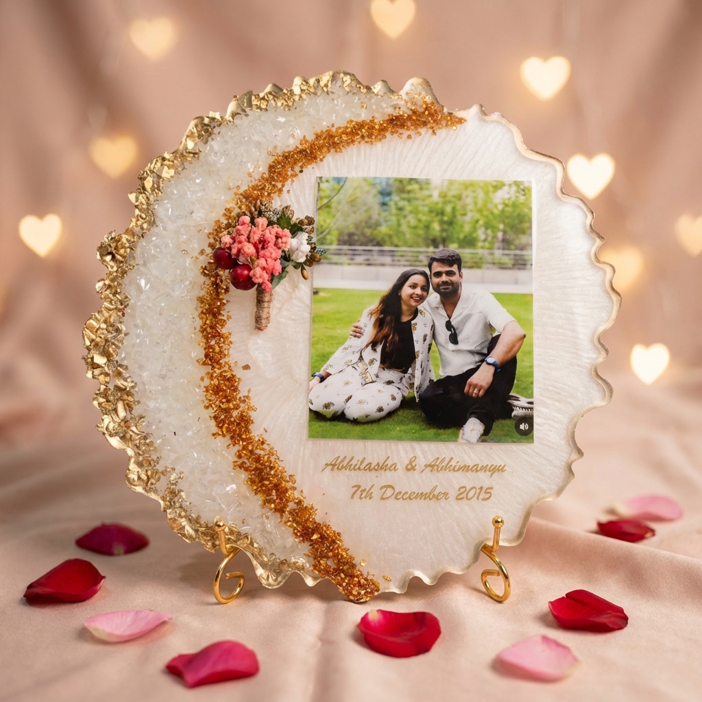 Valentine Special Personalized Resin Photo Frame with Floral Accent – Elegant Couple Memory Frame