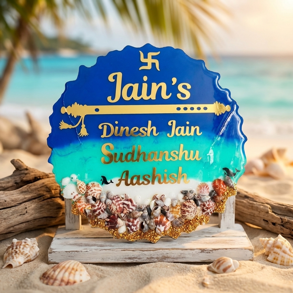 Custom Beach Theme Resin Name Plate with Seashell Decoration and Personalized Family Name
