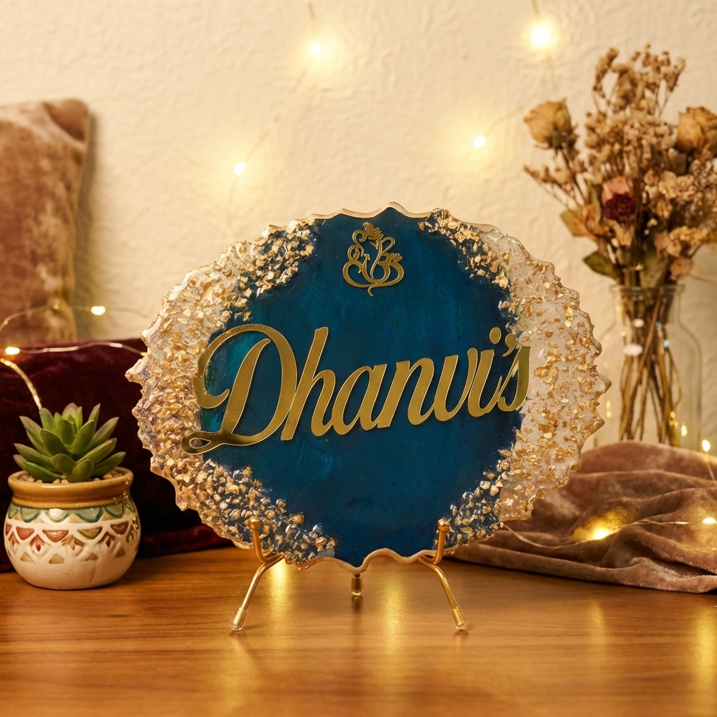 Personalized Ganesh resin name plate with blue and gold finish and custom name