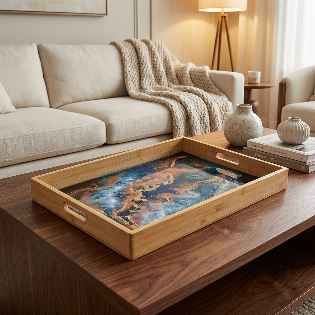 Handmade Resin Artistic Tray with abstract black and white design wooden base