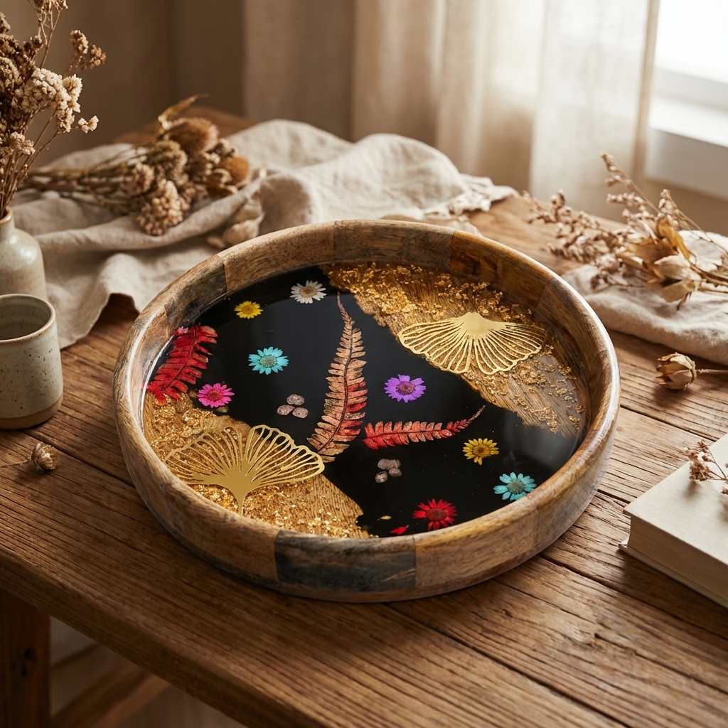 Handmade Resin Decorative Tray Set with dried flowers and gold accents for luxury home decor