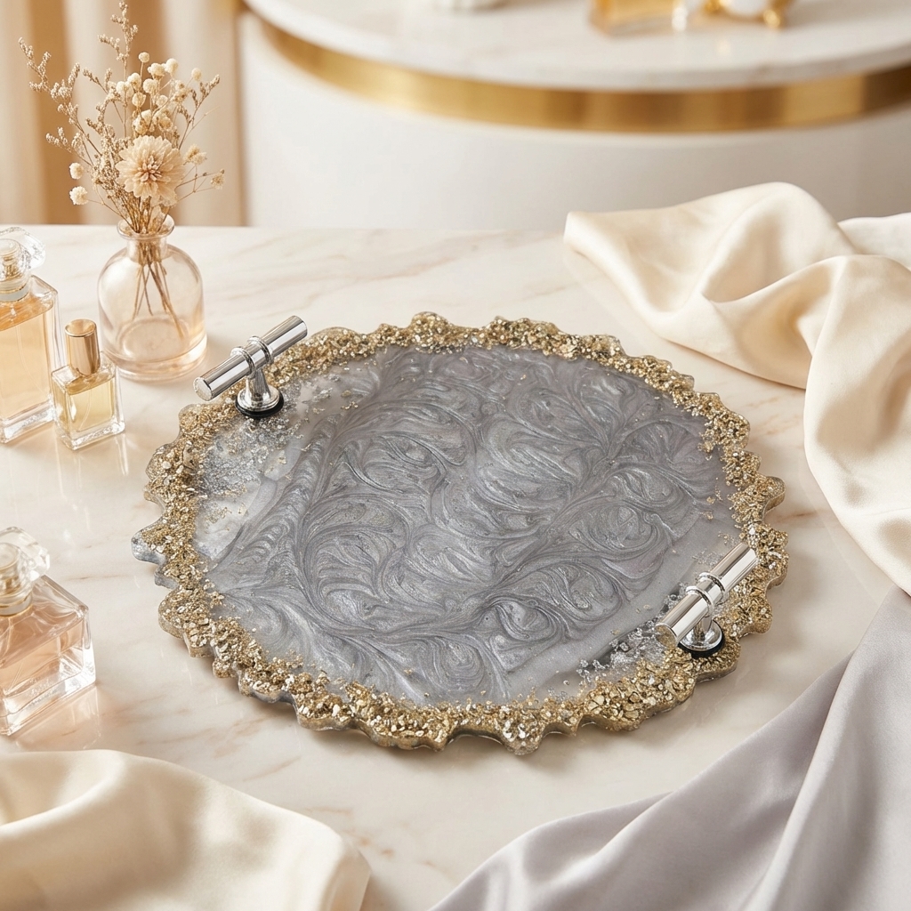 Handmade Resin Luxury Serving Tray with marble swirl design and gold edges premium decor