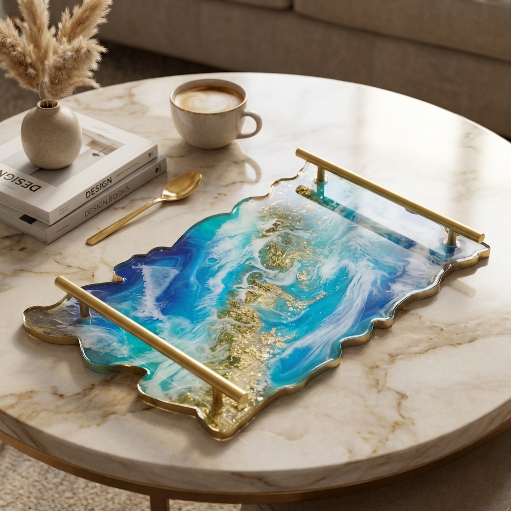 Handmade Resin Ocean Luxury Tray with gold handles and wave design premium decor