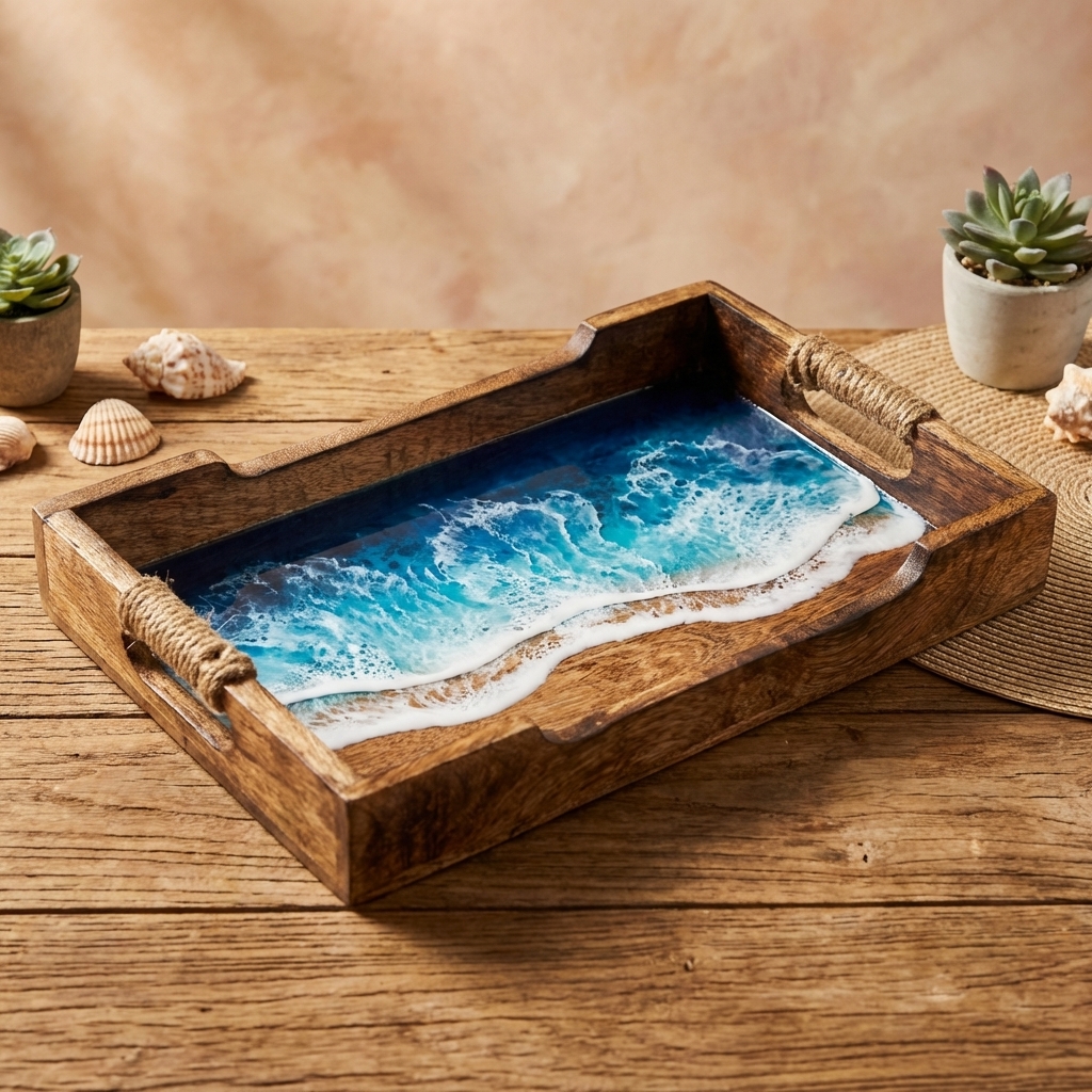 Handmade Resin Ocean Serving Tray with wooden base and beach wave design