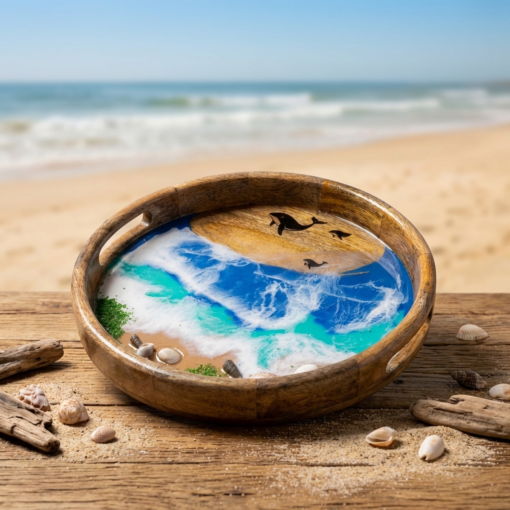 Handmade Resin Sea Theme Tray with ocean waves dolphin beach design luxury decor
